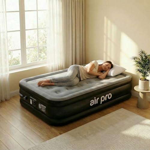 Air Pro Single Size Inflatable Air Mattress with Soft Surface Built-In Electric Pump Quick 3 Min Self Inflating Airbed for Adults & Guests, Blow Up Air Bed For Comfort at Home Or Camping 190x100x46cm