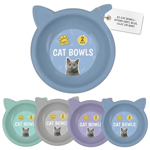 Cat Bowls 2 Pack, Shallow Feeding and Watering Bowl Set for Cats and Kittens, Embossed Face Pet Dishes, 11.5cm, 4 Assorted Colours