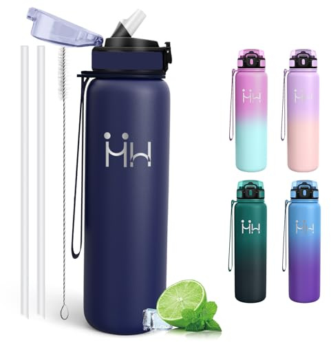 Trinkflasche Edelstahl, Trinkflasche 1l, BPA-Frei, Wasserflasche mit Strohhalm, Auslaufsicher, für Kohlensäure Geeignet, Thermosflasche für Schule, Wandern, Fitness, Camping, Klettern