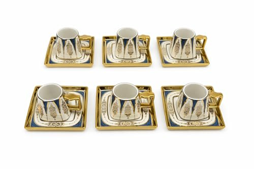 6er Set Mokka-Tassen aus Porzellan mit Untertassen, Gold-Blau, Orientalisches Muster, 70 ml, Ideal für Espresso und Arabischen Kaffee