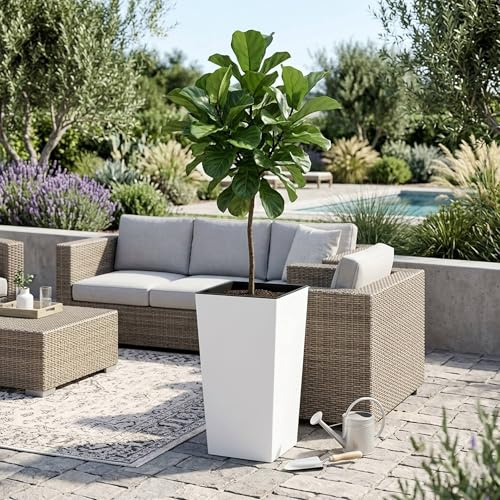 Maceteros Altos para Flores CON Cubeta Interior, Maceta Grande de Exterior/Interior, Plástico mate, para Terraza, Jardín o Salón, resistente UV, 75 Alto x (40x40) cm, color Blanco