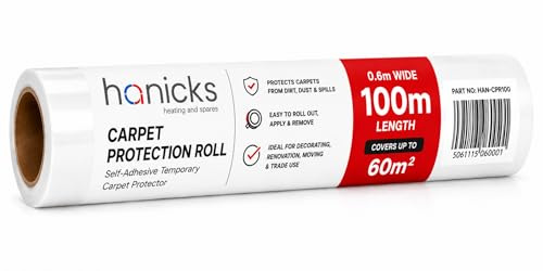 Hanicks 60cm x 100m Clear Self Adhesive Carpet Protector Roll – Temporary Carpet Protection Film, Plastic Floor Cover for Decorating, Painting, Moving House, Renovation & Trade Use