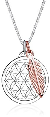 Elli Halskette Damen Lebensblume Feder Anhänger Bi-Color in 925 Sterling Silber