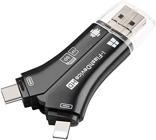 Lector de tarjetas SD, 4 en 1 I-FlashDevice HD USB tipo C SD/TF lector de tarjetas adaptador para iPhone, iPad, Android, PC, color negro