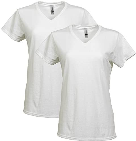 Gildan Women's Heavy Cotton V-Neck T-Shirt, 2-Pack, White, Large