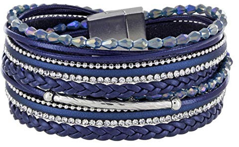StarAppeal Armband Wickelarmband mit Perlen, Strass, Ketten und Flechtelement, Magnetverschluss Silber Matt, Damen Armband (Blau)