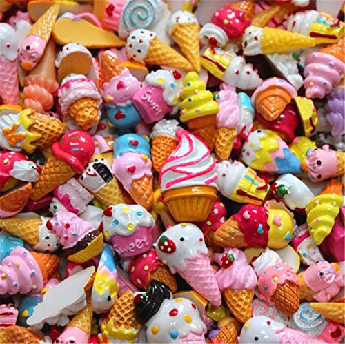 Random 30pcs Cute Candy Resin Charms Beads Fruit Dessert Ice Cream Plastic Slices Flatback Buttons for Handcraft Accessories Scrapbooking Phone Case Decor (Ice Cream)