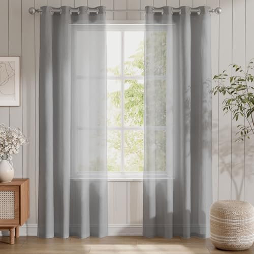 TOPICK Voile Vorhang Mit Ösen Sheer Vorhänge Transparent Gardine Gaze Paarig Ösenschals für Wohnzimmer Schlafzimmer 245 cm x 140 cm(HxB) Dunkelgrau