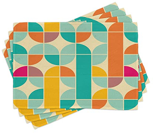 ABAKUHAUS Retro Placemats, Funky Mosaic Forms, Washable Fabric Dining Room Kitchen Table Decoration Digital Print, Teal Orange