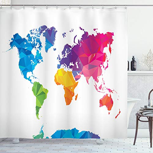 ABAKUHAUS Weltkarte Duschvorhang, Low Poly Art Regenbogen-Farben, Stoffliches Gewebe Badezimmerdekorationsset mit Haken, 175 x 220 cm, Magenta Verde