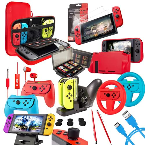 Orzly Kit Accessori per Nintendo Switch Geek Pack con: Switch Custodia e Pellicola Protettiva, Joy-con impugnature & Volanti, Supporto Ricarica di Controller, Comfort Grip Case più Altro- Colore Pop