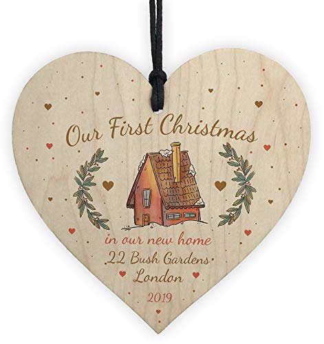 Red Ocean Personalised First 1st Christmas In Our Your New Home Wood Heart Tree Decoration Bauble