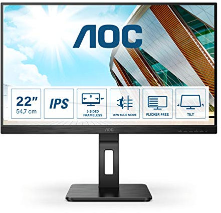 AOC 22P2DU - Monitor FHD de 22 Pulgadas, Altura Regulable (1920 x 1080, 75 Hz, VGA, DVI, HDMI, USB Hub), Color Negro