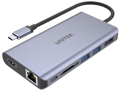 UnITEK Human friendly Hub USB-C mit MST Triple Display, 2* HDMI VGA, 1* USB-A Port und USB-C Power Delivery 100W │ USB 3.1 5 Gbps, 4K@30Hz, 2K@60Hz, Aluminium, SuperSpeed, D1051A