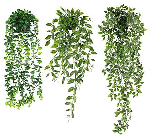 WXBOOM Paquete de 3 Plantas Colgantes Artificiales de eucalipto en Maceta, imitación de Mandala en Maceta para decoración de estantes Interiores y Exteriores