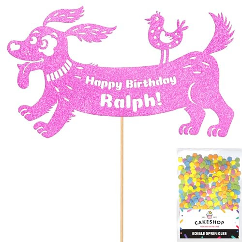 Personalised Birthday Dog Puppy Glitter Cake Topper- Light Pink Any Name & Age Glitter Cake Decoration and Sprinkles - Happy Birthday Decorations - Personalised Toppers for Cakes by Cakeshop