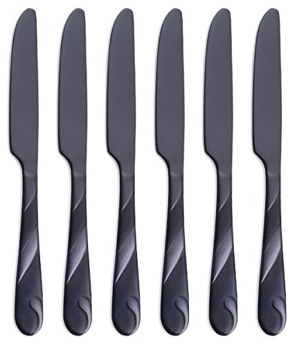 Seeshine Schwarzes Essmesser-Set, 23 cm Edelstahl Tafelmesser, Kuchelmesser mit 6 Teilen, spiegelpoliert und spülmaschinenfest