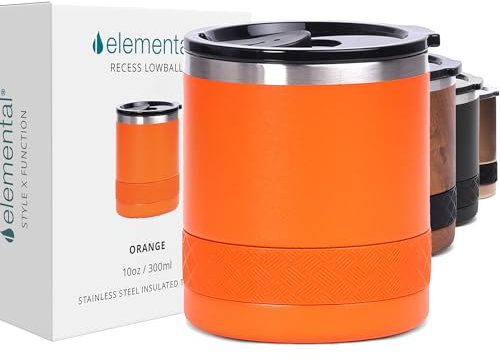Elemental 284 ml Recess Rocks Tumbler, dreifach wandig, Lowball-Cocktail-Heiß- und Kalt-Reisebecher, wiederverwendbarer 18/8-Edelstahl – Orange