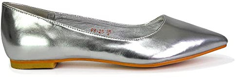 ESSEX GLAM Womens Slip On Pumps Ladies Flat Pointed Toe Casual Work Ballet Shoes 3-8 Silver Metallic