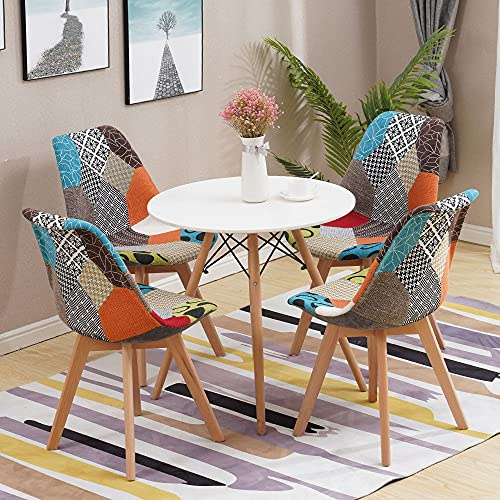 HomJoy Round Dining Room Table and Patchwork Chairs Set 4 80cm | Modern Kitchen Table Solid Wood Legs Lounge Chair Padded Space Saver Restaurant Home Office Reception Apartment Canteen