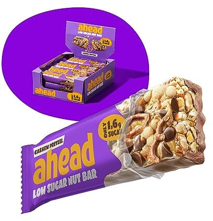 AHEAD Low Sugar Nut Bar | Nussriegel Müsliriegel ohne Zuckerzusatz mit Cashewkernen, Salzbrezel & Milchschokolade- 12x35g mit nur 1,7g Zucker pro glutenfreiem Riegel - Cashew Pretzel