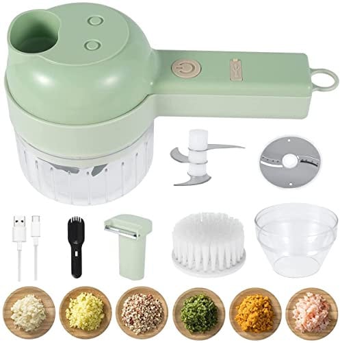 Juego de cortador de verduras eléctrico de mano 4 en 1 - Mini picador de alimentos eléctrico recargable - Batidora portatil para carne, verduras, frutas. Picadora electrica pequeña