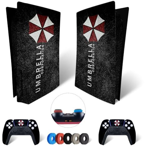 MaD Vision® Extra-Haltbares Skin-Set aus Vinyl für PS5 Disc + 5 Paar Aiming Rings | Kratzfestes Aufkleber-Set für Playstation 5 + 2 Controllers – für Resident Evil Umbrella Design