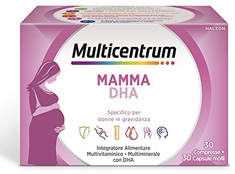 Multicentrum Mamma DHA, Integratore Alimentare Multivitaminico e Multiminerale, fonte di vitamine che forniscono numerosi benefici per le Donne in gravidanza, 30 Compresse + 30 capsule molli