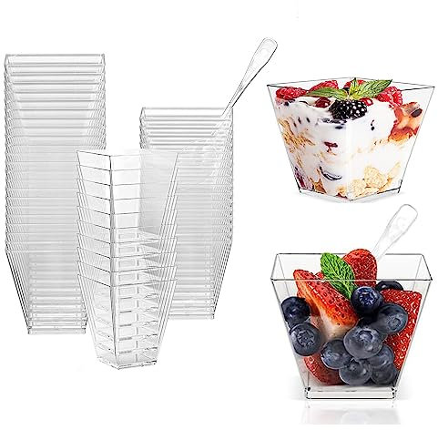 PnxdeobXL 50 Pezzi Finger Food, Bicchierini Finger Food, Cucchiaini Plastica, Tazze da Dessert con Cucchiai, per Cene di Vacanza, Feste di Compleanno (Viene Fornito con 50 Cucchiai da Degustazione)