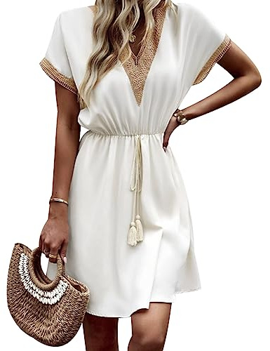 Vestito Corto Donna Estivo Vestiti Donna Eleganti Abiti Estivi Corti Donna Mini Abito Scollo a V Estivo Corto Svasato Bohemien Donna Estive Elegante Vestito Casual Boho Spiaggia Donna Manica Corta