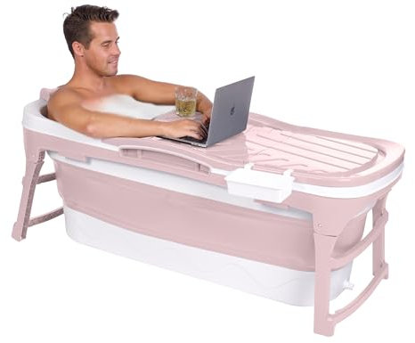 HelloBath® Baignoire Pliable L 128x60x58 cm pour Adultes | Baignoire Portable avec Coussin, Lampe LED, Porte-savon & Rouleaux de Massage | Bain de Glace & Bain Extérieur pour Été & Hiver | Rose