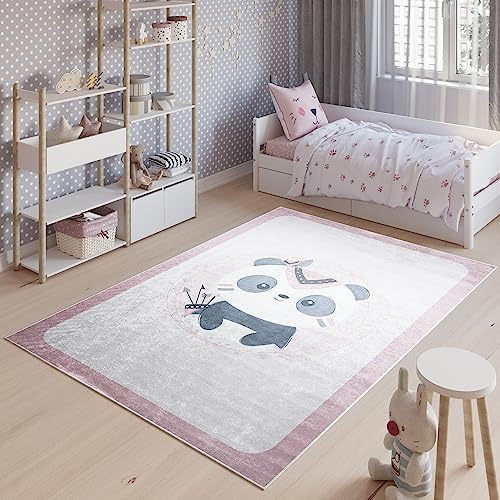 TAPISO Emma Kinderteppich Rosa Panda Antirutsch 120 x 170 cm | Waschbar bei 30 Grad bedruckter Kinderteppich Kinderzimmer Jugendzimmer Modern OEKO-TEX