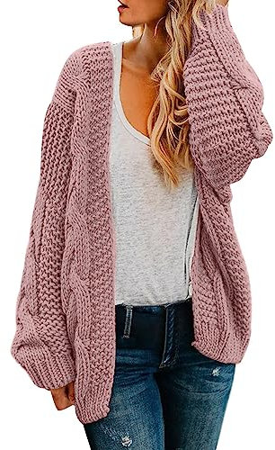 Cocila Cardigans for Women UK Women's Long Sleeved Solid Color Thick Needle Knit Mid Length Loose Coat Cardigan Women's Cable Knit Sweater (Pink, M)