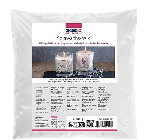 GLOREX 6 8603 400 - Sojawachs-Mix, 500 g, gebrauchsfertige Wachsmischung, brennt warm weiß, gute Brennqualität, Schmelzpunkt 54°C, zur Kerzenherstellung