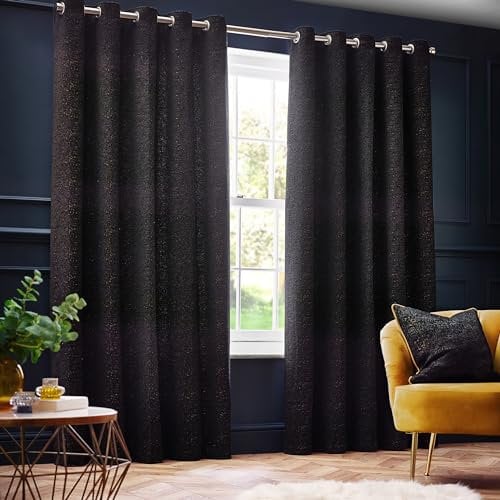 Paoletti Galaxy Chenille Eyelet Curtains - 2 Panels - Width x Drop - 117 x 183cm (46 x 72) - Black