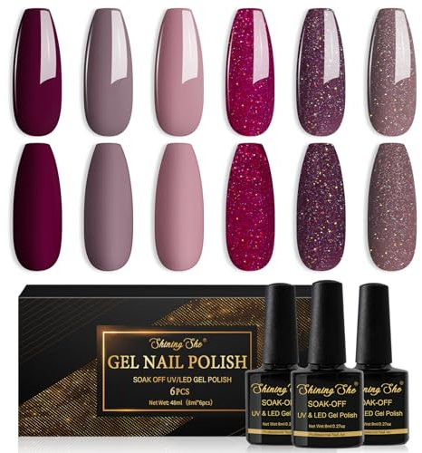 Shining She Smalto Semipermanente,6 Colori Glitter Rosso Scuro Viola Scuro Marrone Smalto Semipermanente Unghie,Serie Dark Smalti per Unghie Gel UV/LED,Autunno e Inverno Manicure Art,8ML