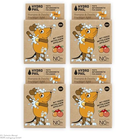 HYDROPHIL - Festes Kinder Shampoo & Dusche - Vegan - Naturkosmetik - Für alle Hauttypen (Fruchtiger Apfel, 60g (4er Pack))