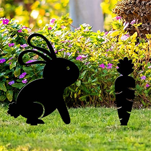 Gartenstecker Ostern Gartendekorationen Osterei Zwerg Kaninchen Bodeneinsatz Dekoration Acryl Hohltierfiguren Garteneinsatz Metalltiere Für Garten Draußen Osterhase Roststecker (Black, One Size)