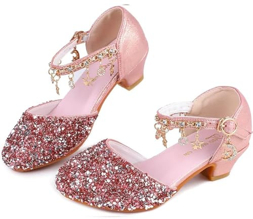 KUWIBY Girls Princess High Heel Sandals,Bowknot Sequin Dress Shoes Pink