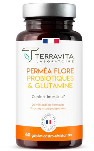 Permea Flore | PROBIOTIQUES + GLUTAMINE | Flore Intestinale et Cicatrisation de la Muqueuse | Idéal Contre la Perméabilité Intestinale | 60 Gélules Gastro-résistantes | Made in France | Terravita