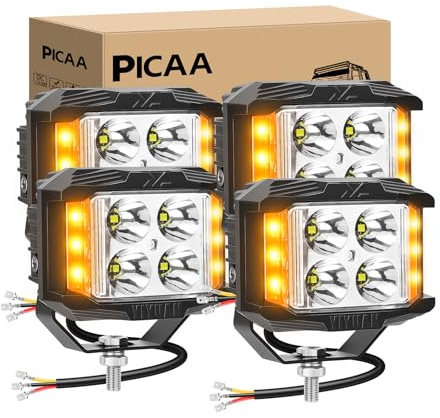 PICAA Phare de Travail LED, 4PCS 4 Pouces 35W stroboscope Blanc ambre | Lumière de Travail,IP67 étanche,Tireur latéral,Spot/Flood Combo,Hors Route pour Jeep Camion ATV SUV Voiture Bateau,12V 24V