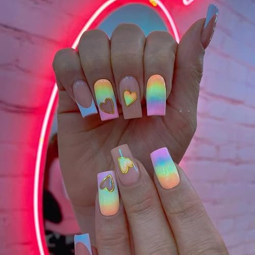 24pcs Medium Square Rainbow Colored Press on Nails - Heart Fake Glue on Removable Stick on Full Cover Nail Art Accessories for Women Girls