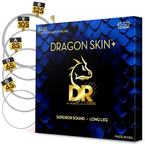 DR Strings Dragon Skin+ DBQ5-45 – E-Bass Medium 45-125 5-Saiter | K3 Beschichtung, Lange Haltbarkeit, Natuerlicher Klang, Korrosionsschutz, Made in USA