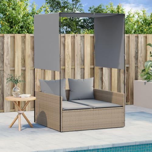 Homgoday Doppel-Sonnenliege mit Dach und Vorhängen Doppelliege Gartenliege Liegestuhl Outdoor Liege für 2 Personen Garten Relaxliege für Garten oder Balkon Beige Poly Rattan