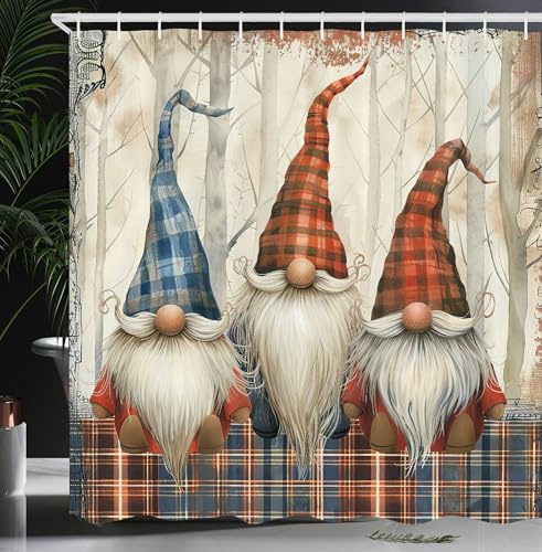 ABAKUHAUS Weihnachten Duschvorhang, Wichtel mit Karierten Hüten Weihnachten, Stoffliches Gewebe Badezimmerdekorationsset mit Haken, 175 x 200 cm, Blau Braun Siena