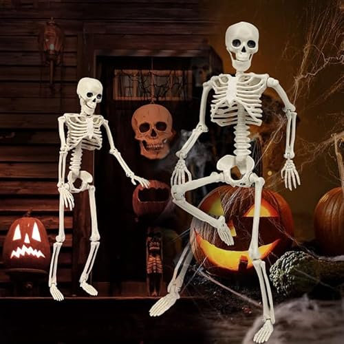 Halloween Deko Outdoor LED Skelett, 90cm Skelett Lebensgroß mit Licht, Skeleton mit Beweglichen Gelenken, Skelett fur Party Requisiten Gruseliger Friedhof Geisterhaus Rasen Garten Dekoration