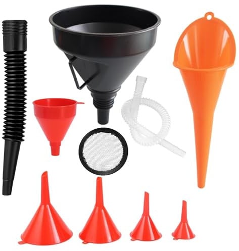 SEPSCO Funnel for Car, 7Pcs Fuel Funnel Universal Right Angle Plastic Funnel Set Wide Mouth with Detachable Spout and Long Funnels for Kitchen Filling Bottles Containers or Motorhome Oil Petrol Water