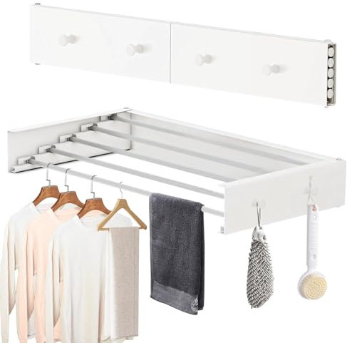 Sonhomay Estante de secado de pared plegable para secar ropa, 5 varillas, 4 ganchos, capacidad de 55 libras para interiores y exteriores, apartamentos, dormitorio, baño, colgadero