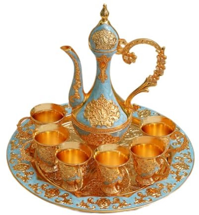 Gralara Turkish Teapot Set Tea Pot Set Turkish Coffee Pot Set Coffee Cup Set for Birthday Gift, light blue