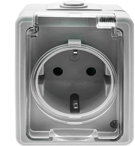 Base estanca tipo schuko, IP65, 16A, 250V, ideal para exteriores y ambientes húmedos, proporciona conexión eléctrica segura.